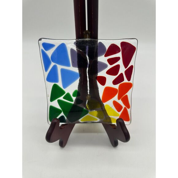 Fused Glass Trinket Dish 6x6 Multicolored Triangles Catchall Square Dish Plate - Picture 1 of 7